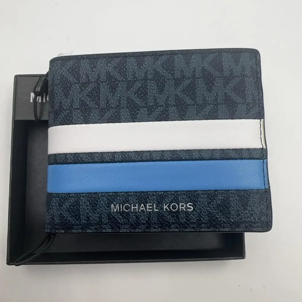 Michael Kors Malone Wallet Slim Billfold Mens Stripe Logo Blue Multi White
